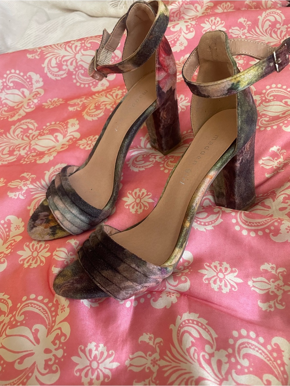 Madden Girl Multicolor Velvet Ankle-Strap Block Heels